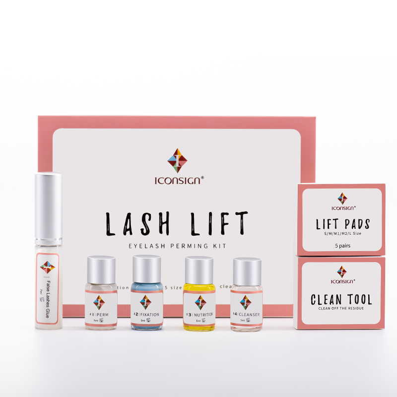 ICONSIGN Lash Lift Kit with all components including perm lotion, fixation lotion, nutrition lotion, and silicone pads for eyelash curling.