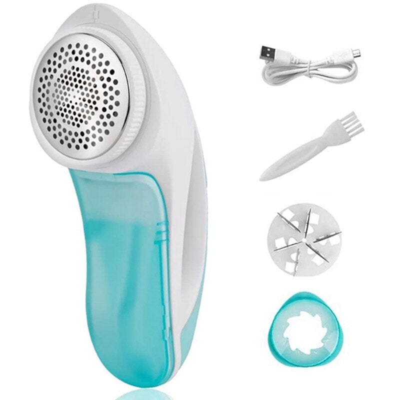 Electric Small Home Stainless Portable Fuzz Remover in blue and red colors, designed for removing lint and fuzz from fabrics.