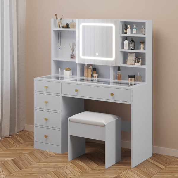 FCH Pitted Particleboard Dressing Table with tempered glass top, featuring five drawers, LED mirror, and stylish design.