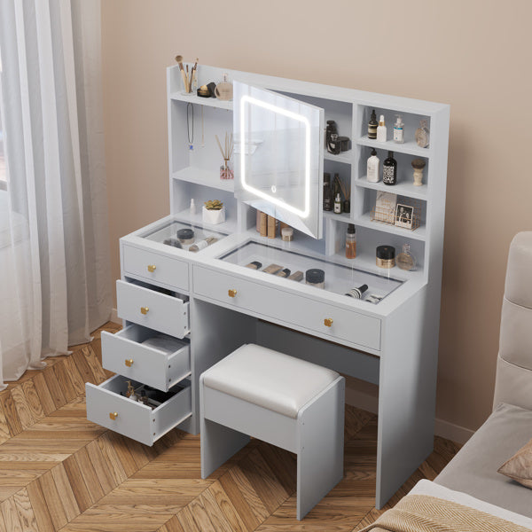 FCH Pitted Particleboard Dressing Table with tempered glass top, featuring five drawers, LED mirror, and stylish design.