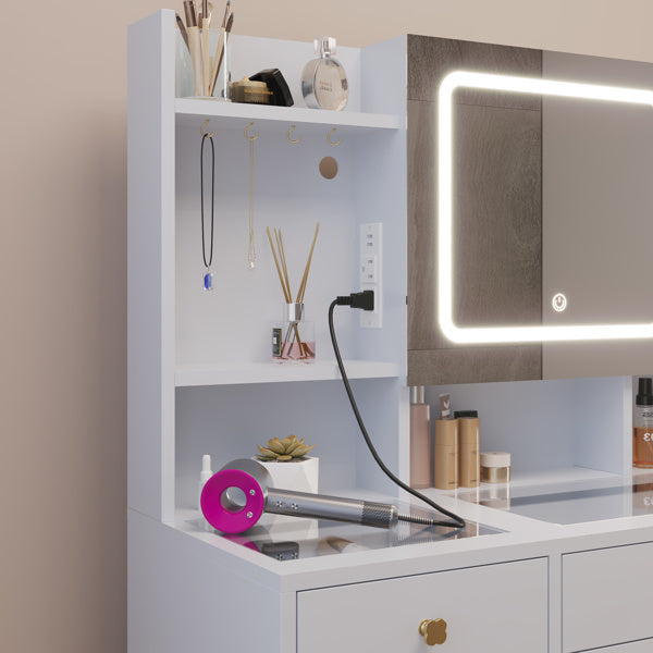 FCH Pitted Particleboard Dressing Table with tempered glass top, featuring five drawers, LED mirror, and stylish design.