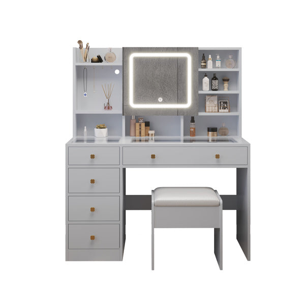 FCH Pitted Particleboard Dressing Table with tempered glass top, featuring five drawers, LED mirror, and stylish design.