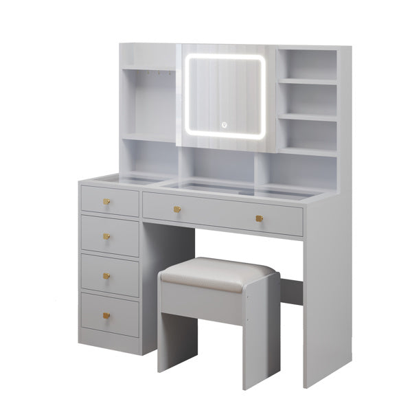 FCH Pitted Particleboard Dressing Table with tempered glass top, featuring five drawers, LED mirror, and stylish design.