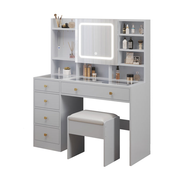 FCH Pitted Particleboard Dressing Table with tempered glass top, featuring five drawers, LED mirror, and stylish design.