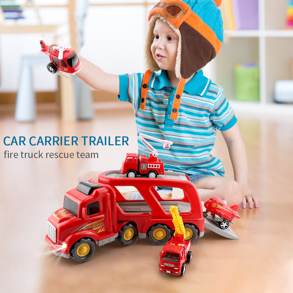 Fire Truck Car Toys Set featuring a double-deck trailer, rescue trucks, airplane, and helicopter with realistic sounds and lights.