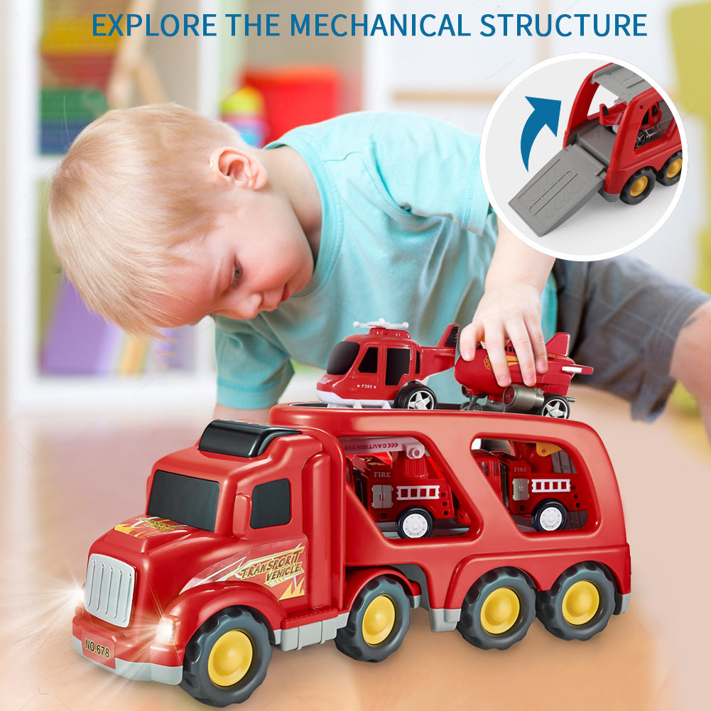 Fire Truck Car Toys Set featuring a double-deck trailer, rescue trucks, airplane, and helicopter with realistic sounds and lights.