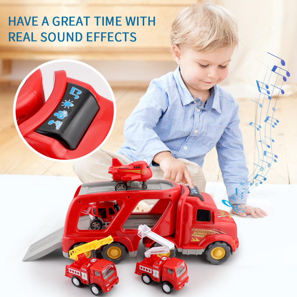 Fire Truck Car Toys Set featuring a double-deck trailer, rescue trucks, airplane, and helicopter with realistic sounds and lights.