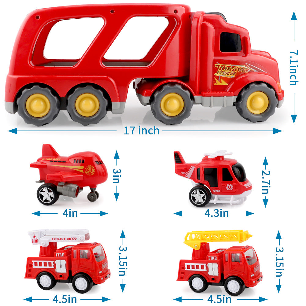 Fire Truck Car Toys Set featuring a double-deck trailer, rescue trucks, airplane, and helicopter with realistic sounds and lights.