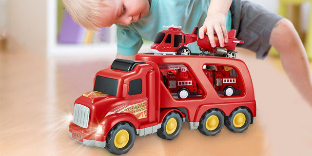 Fire Truck Car Toys Set featuring a double-deck trailer, rescue trucks, airplane, and helicopter with realistic sounds and lights.