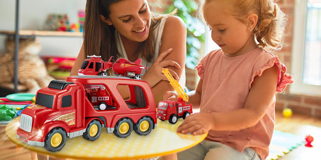 Fire Truck Car Toys Set featuring a double-deck trailer, rescue trucks, airplane, and helicopter with realistic sounds and lights.