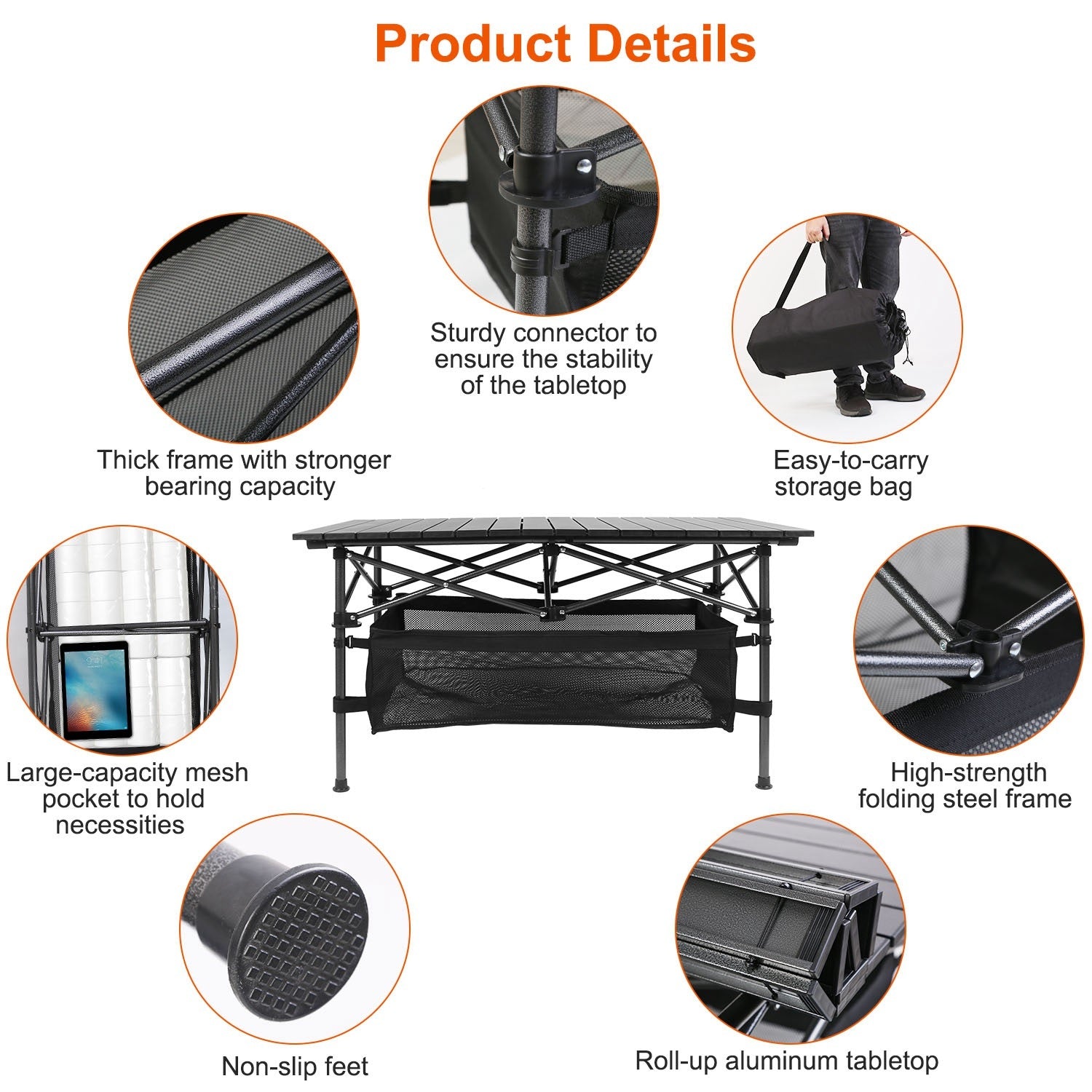 Lightweight aluminum folding camping table set up outdoors with a mesh storage basket underneath.