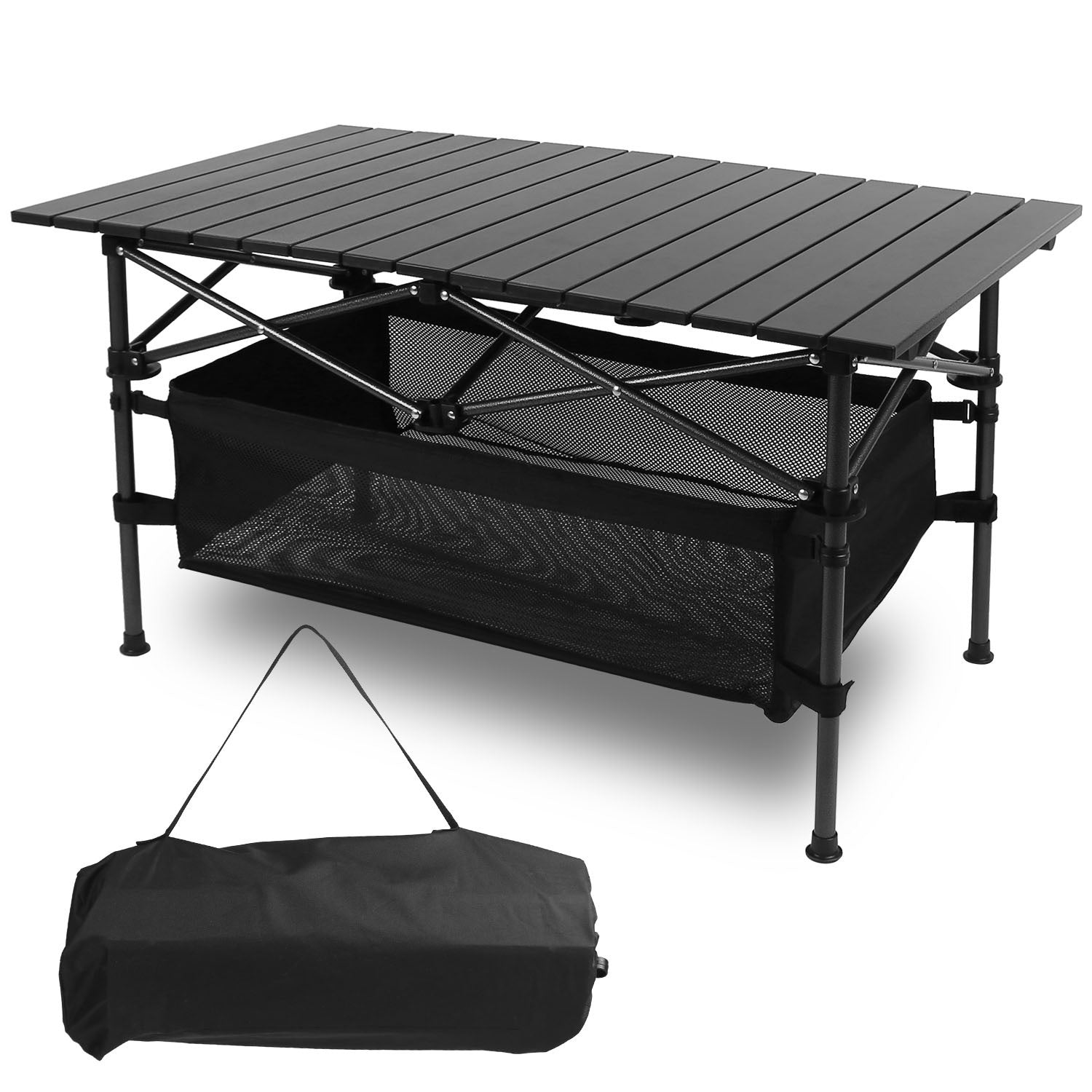 Lightweight aluminum folding camping table set up outdoors with a mesh storage basket underneath.