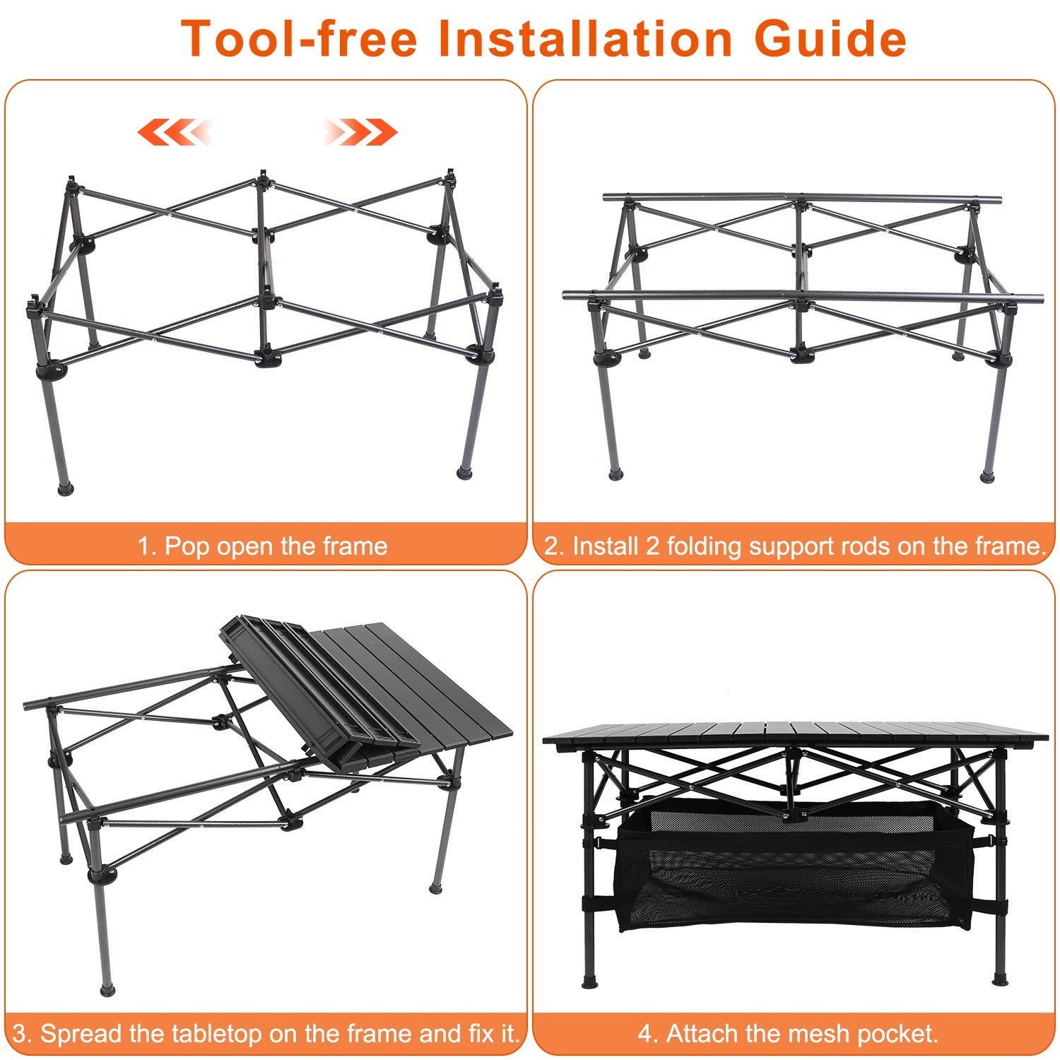 Lightweight aluminum folding camping table set up outdoors with a mesh storage basket underneath.