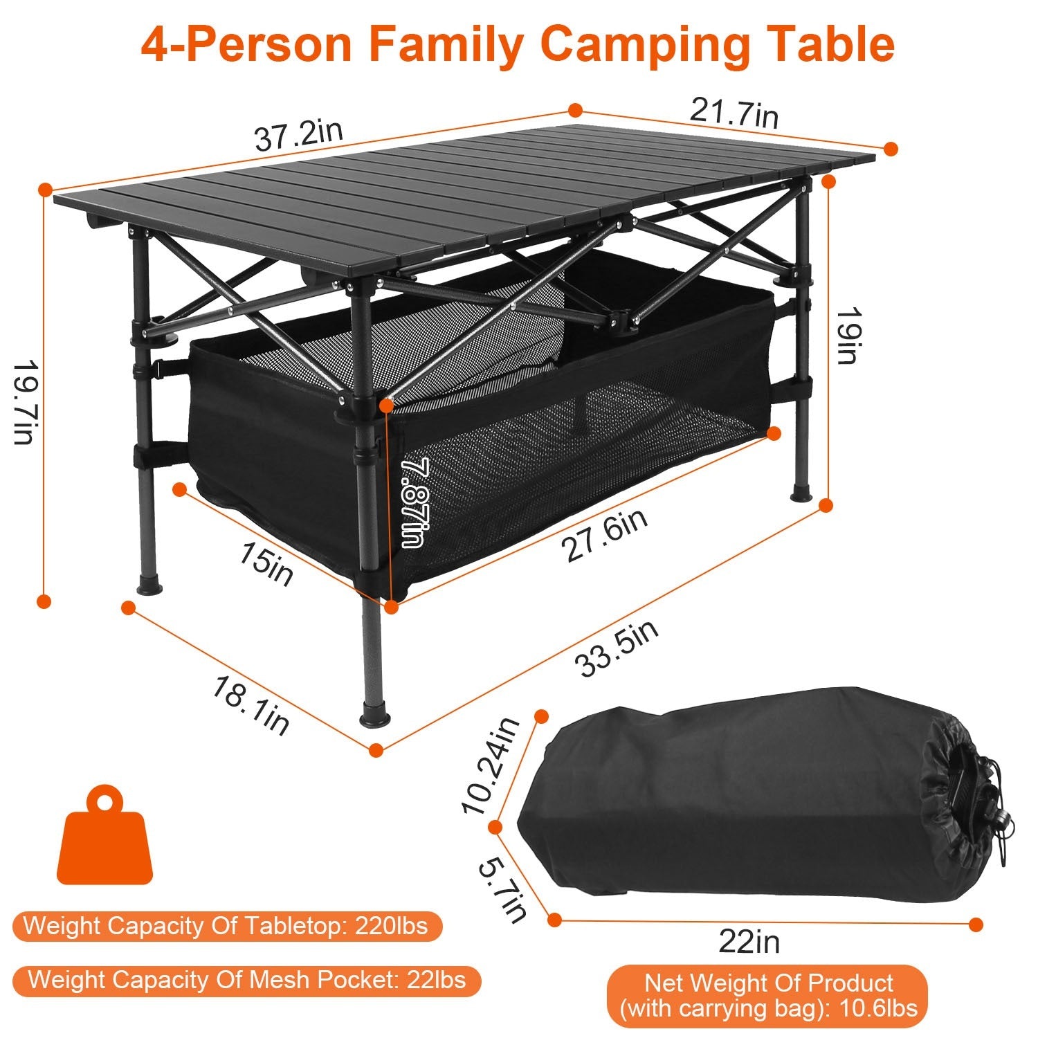 Lightweight aluminum folding camping table set up outdoors with a mesh storage basket underneath.