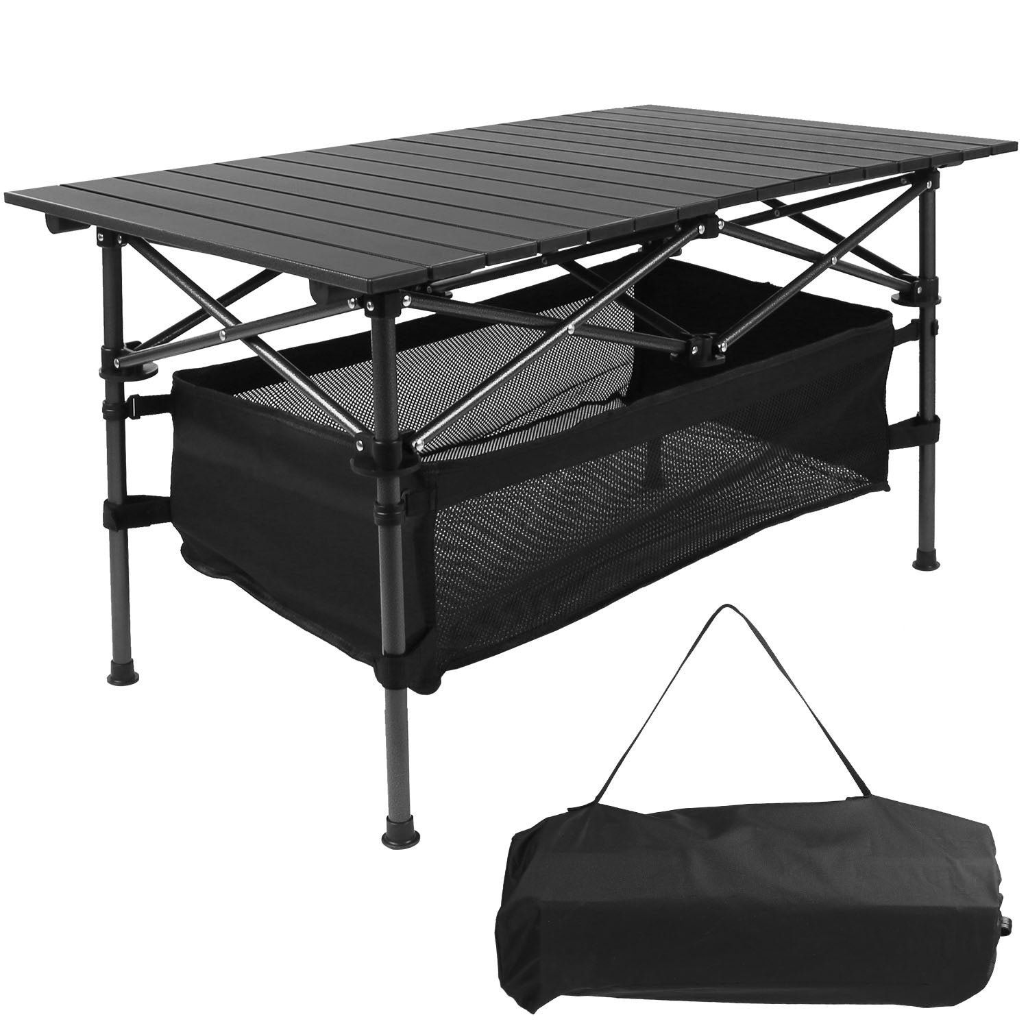 Lightweight aluminum folding camping table set up outdoors with a mesh storage basket underneath.