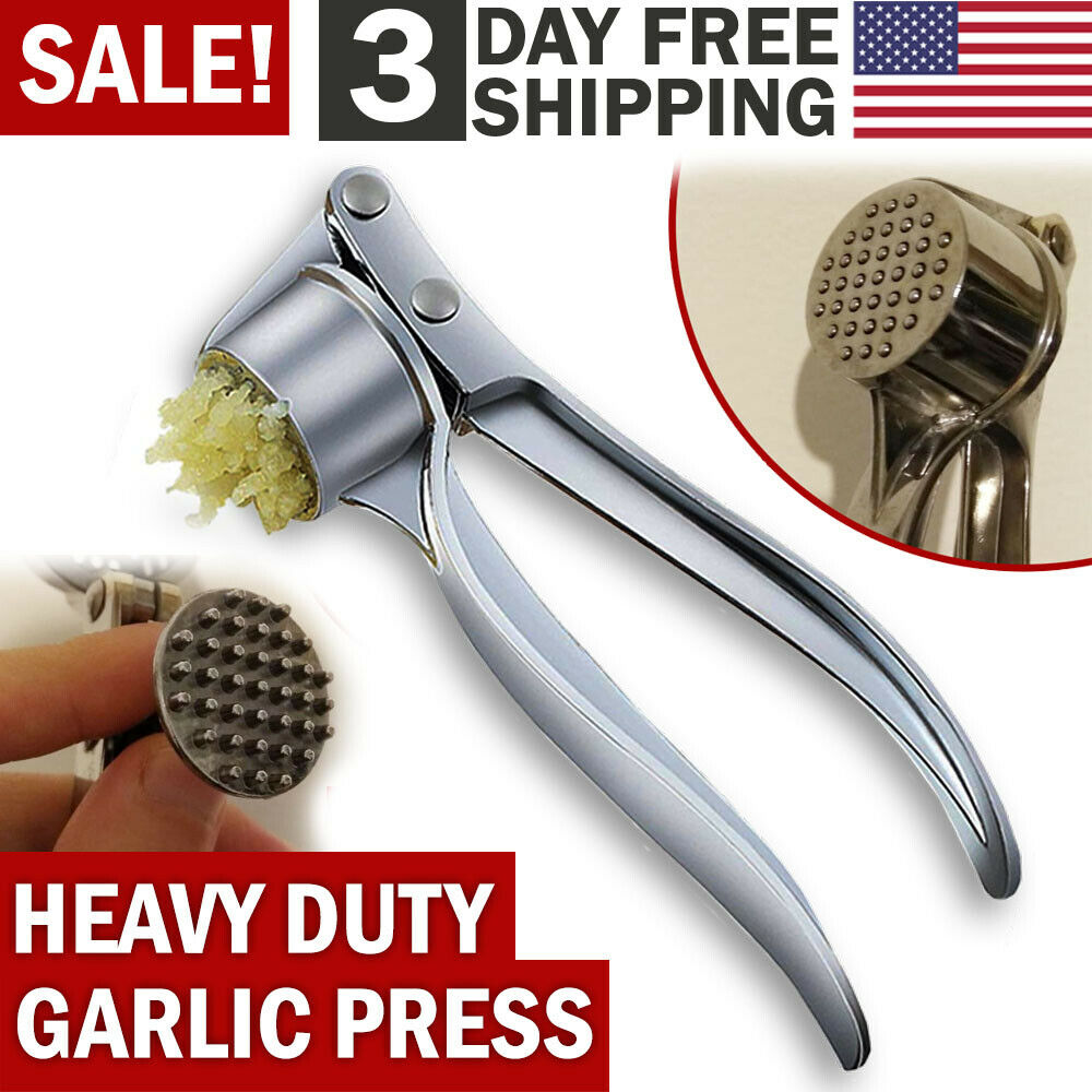 Heavy-duty stainless steel garlic press with ergonomic design, showcasing its durable zinc alloy construction and large cabin for multiple cloves.