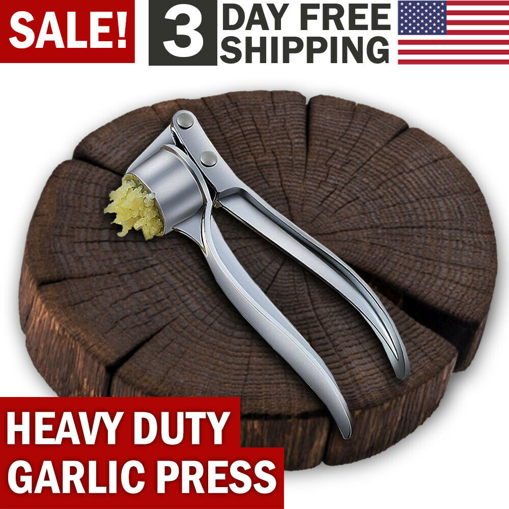 Heavy-duty stainless steel garlic press with ergonomic design, showcasing its durable zinc alloy construction and large cabin for multiple cloves.