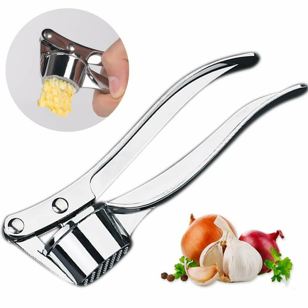 Heavy-duty stainless steel garlic press with ergonomic design, showcasing its durable zinc alloy construction and large cabin for multiple cloves.