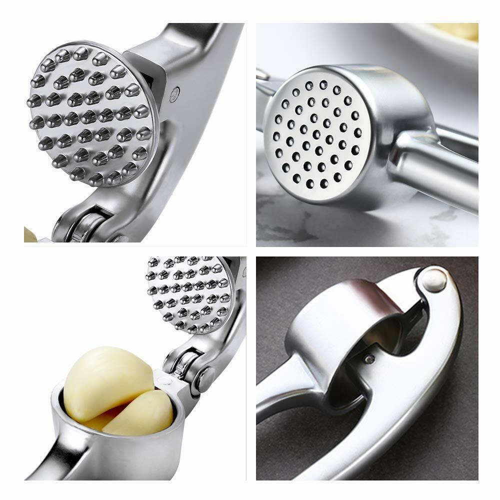 Heavy-duty stainless steel garlic press with ergonomic design, showcasing its durable zinc alloy construction and large cabin for multiple cloves.