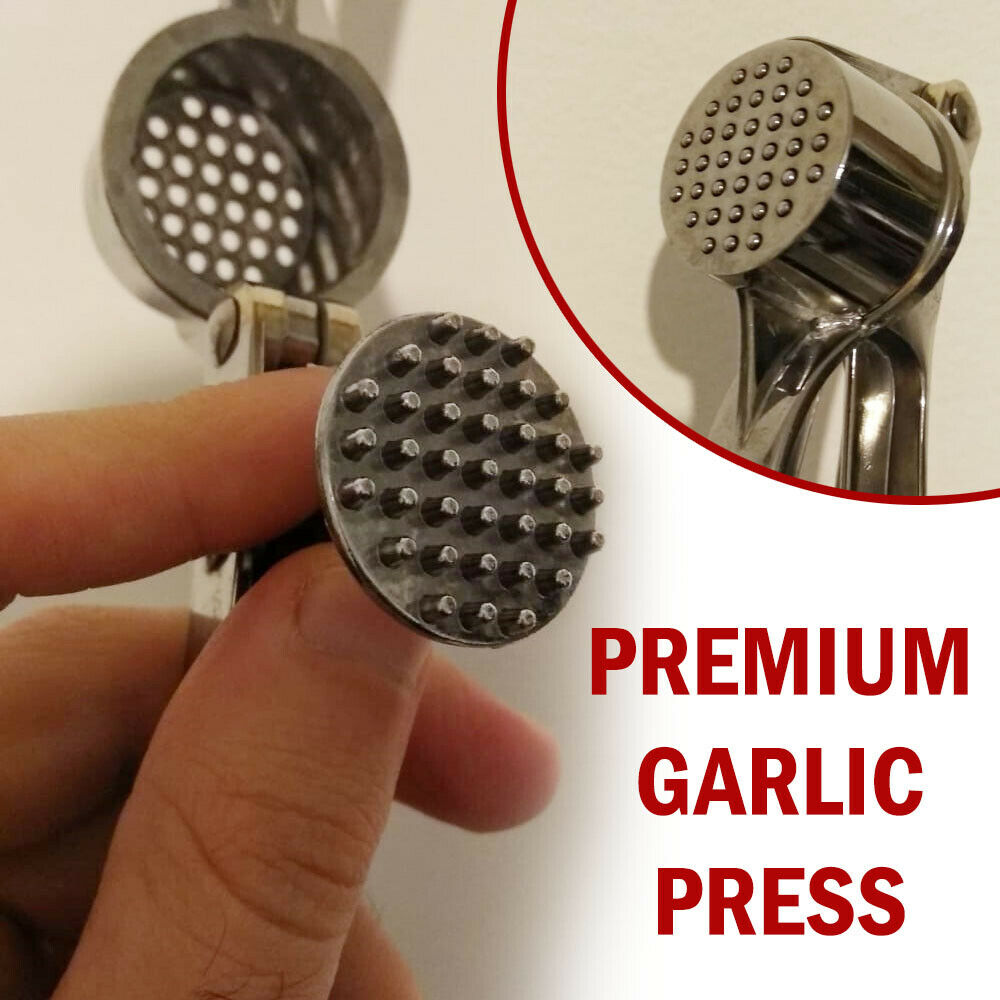 Heavy-duty stainless steel garlic press with ergonomic design, showcasing its durable zinc alloy construction and large cabin for multiple cloves.