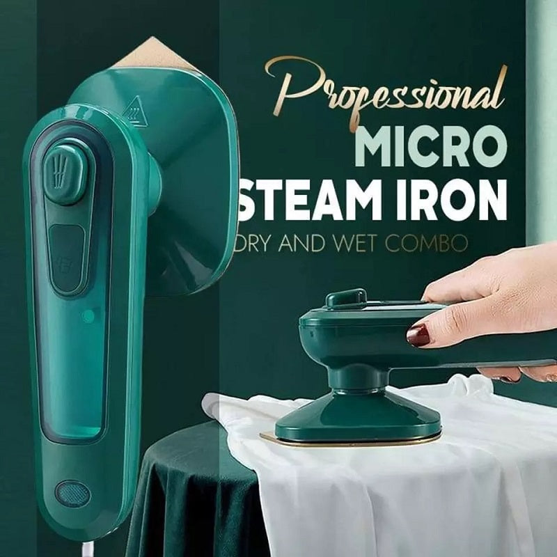 Handheld Portable Garment Ironing Machine in dark green with a large titanium panel, designed for efficient wrinkle removal.