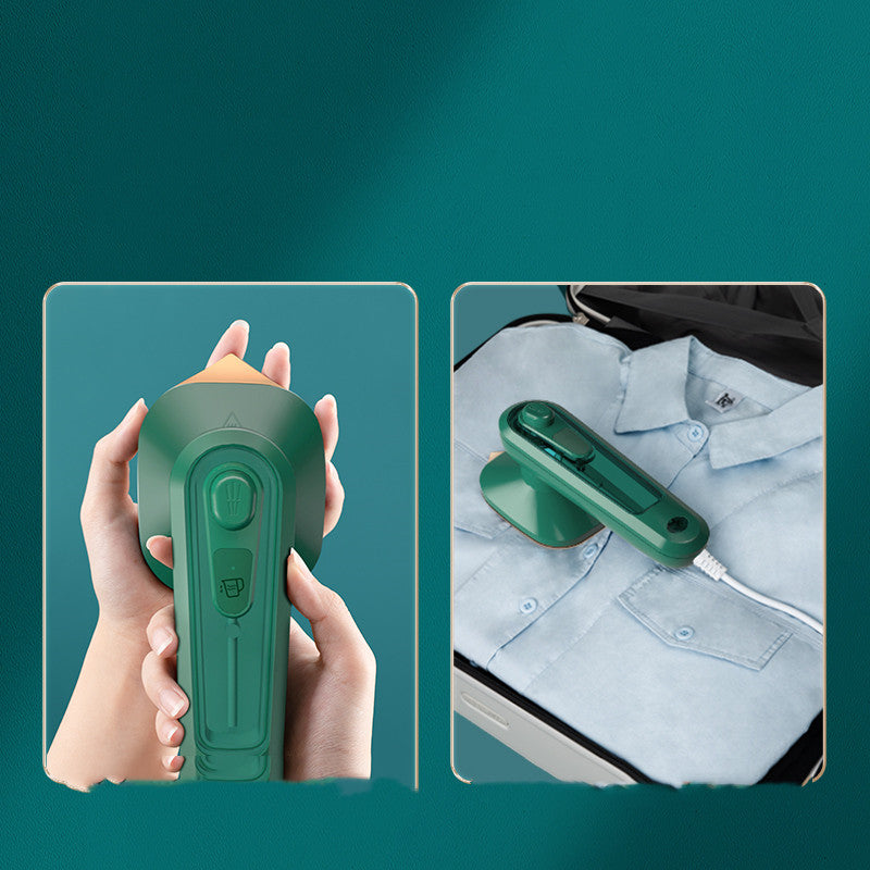 Handheld Portable Garment Ironing Machine in dark green with a large titanium panel, designed for efficient wrinkle removal.