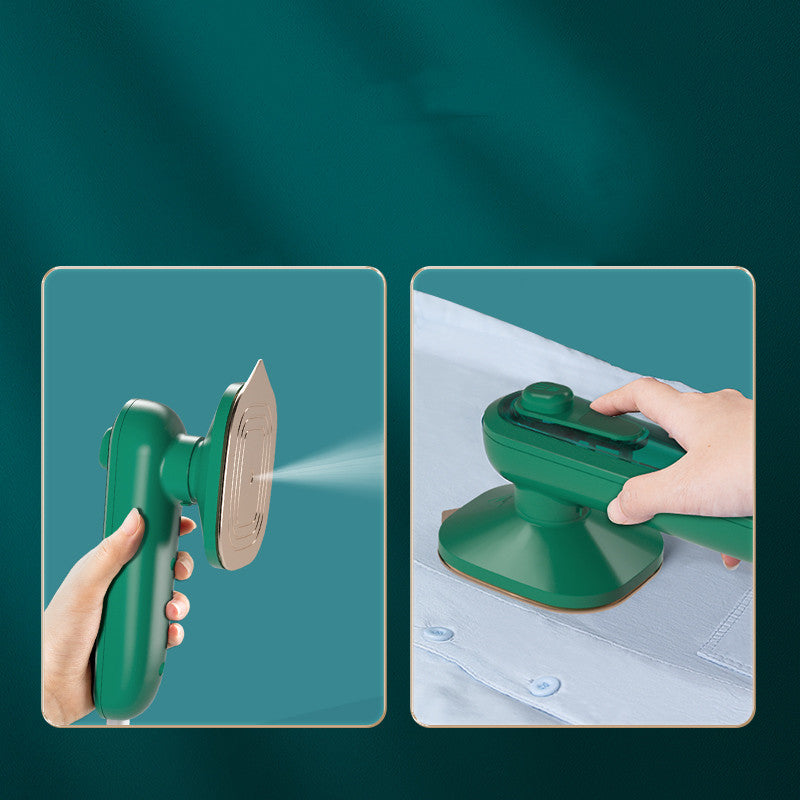 Handheld Portable Garment Ironing Machine in dark green with a large titanium panel, designed for efficient wrinkle removal.