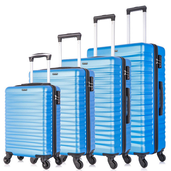 Four-piece hardshell luggage set in blue, made of lightweight ABS material with spinner wheels and TSA-approved locks.