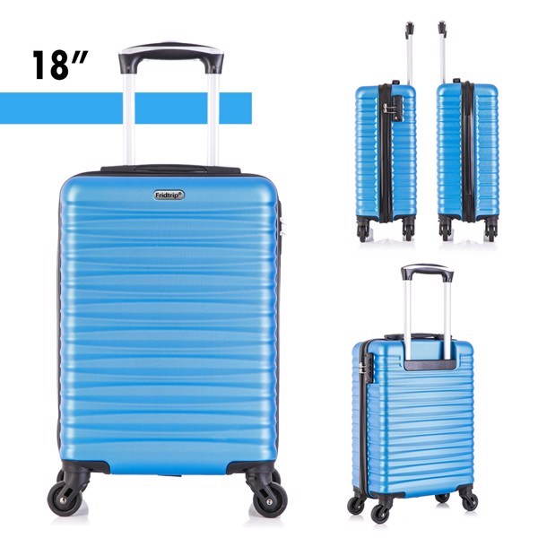 Four-piece hardshell luggage set in blue, made of lightweight ABS material with spinner wheels and TSA-approved locks.