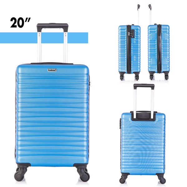 Four-piece hardshell luggage set in blue, made of lightweight ABS material with spinner wheels and TSA-approved locks.