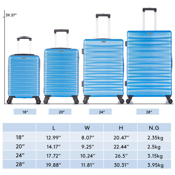 Four-piece hardshell luggage set in blue, made of lightweight ABS material with spinner wheels and TSA-approved locks.