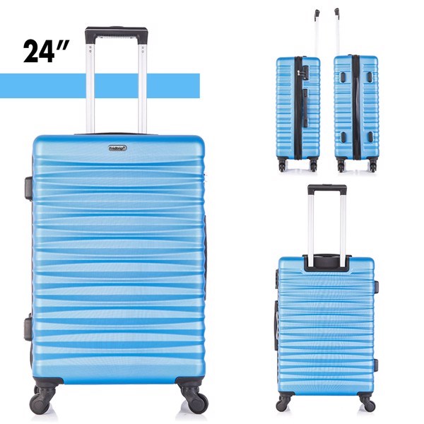 Four-piece hardshell luggage set in blue, made of lightweight ABS material with spinner wheels and TSA-approved locks.