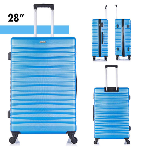 Four-piece hardshell luggage set in blue, made of lightweight ABS material with spinner wheels and TSA-approved locks.