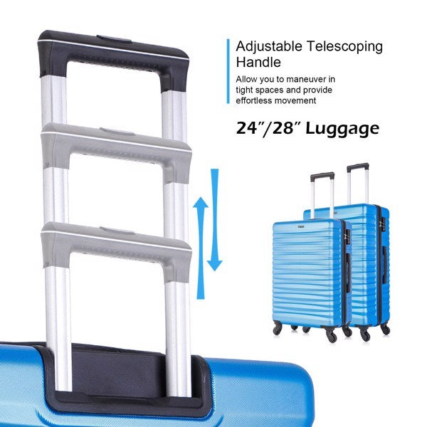 Four-piece hardshell luggage set in blue, made of lightweight ABS material with spinner wheels and TSA-approved locks.