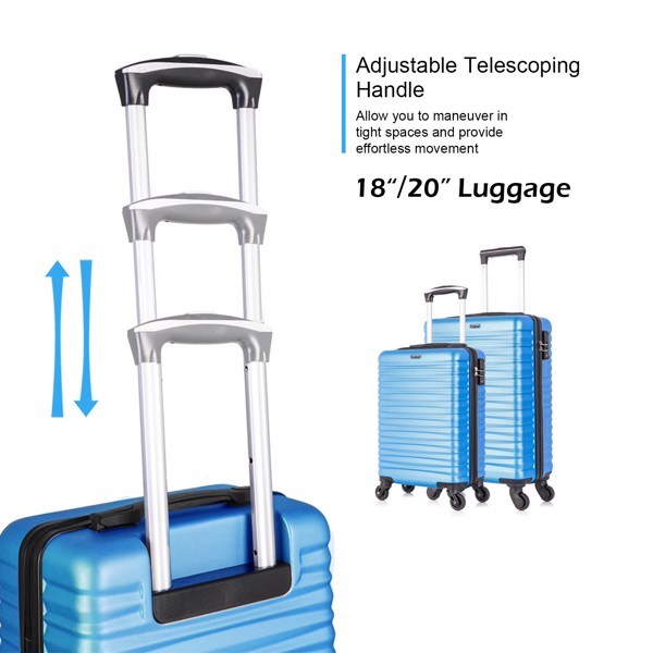 Four-piece hardshell luggage set in blue, made of lightweight ABS material with spinner wheels and TSA-approved locks.