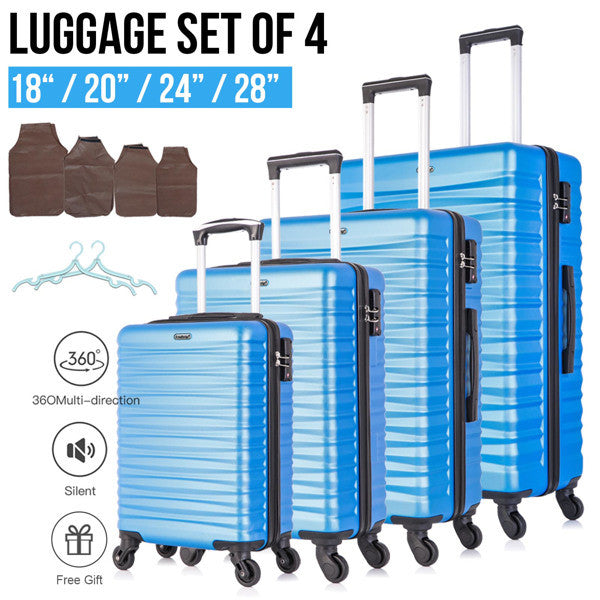 Four-piece hardshell luggage set in blue, made of lightweight ABS material with spinner wheels and TSA-approved locks.