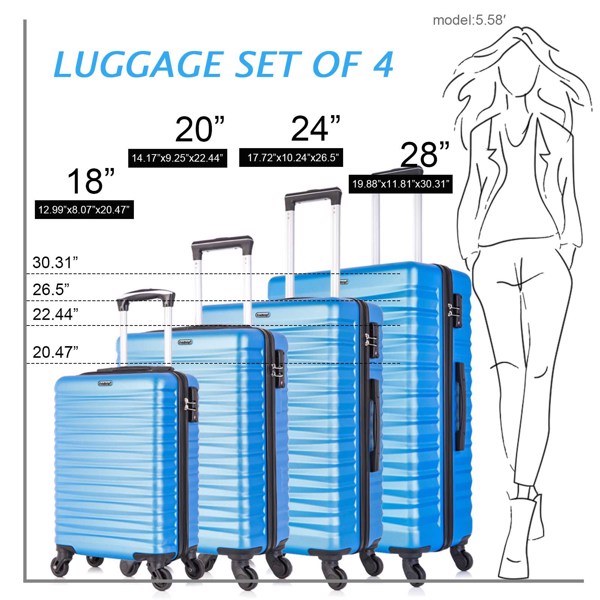 Four-piece hardshell luggage set in blue, made of lightweight ABS material with spinner wheels and TSA-approved locks.