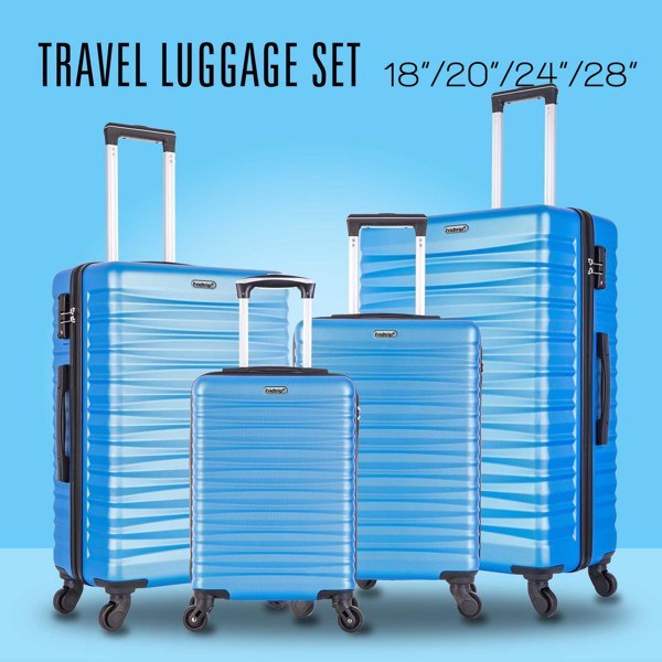 Four-piece hardshell luggage set in blue, made of lightweight ABS material with spinner wheels and TSA-approved locks.