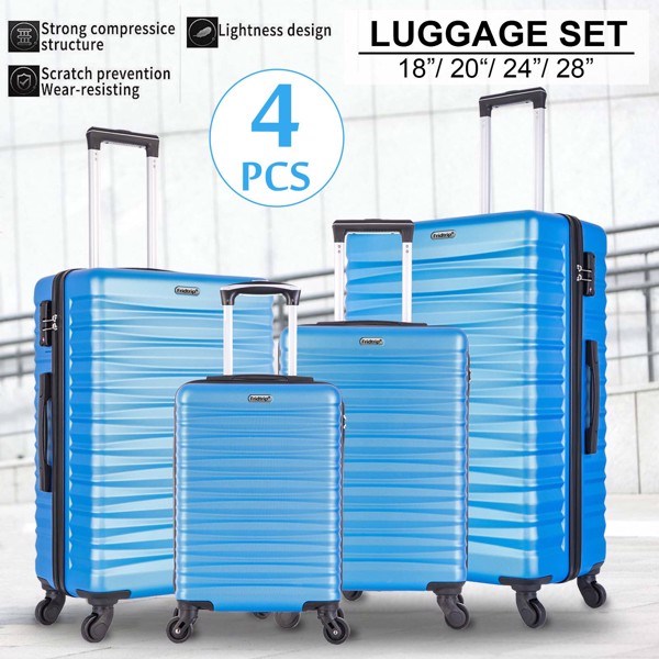 Four-piece hardshell luggage set in blue, made of lightweight ABS material with spinner wheels and TSA-approved locks.