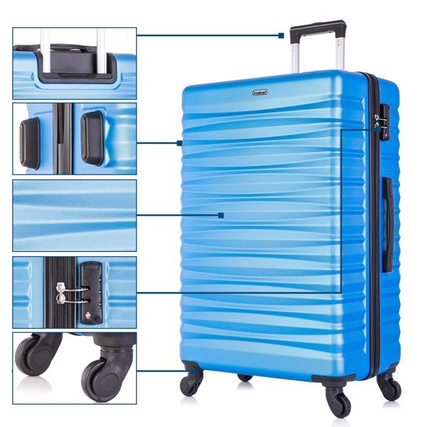 Four-piece hardshell luggage set in blue, made of lightweight ABS material with spinner wheels and TSA-approved locks.