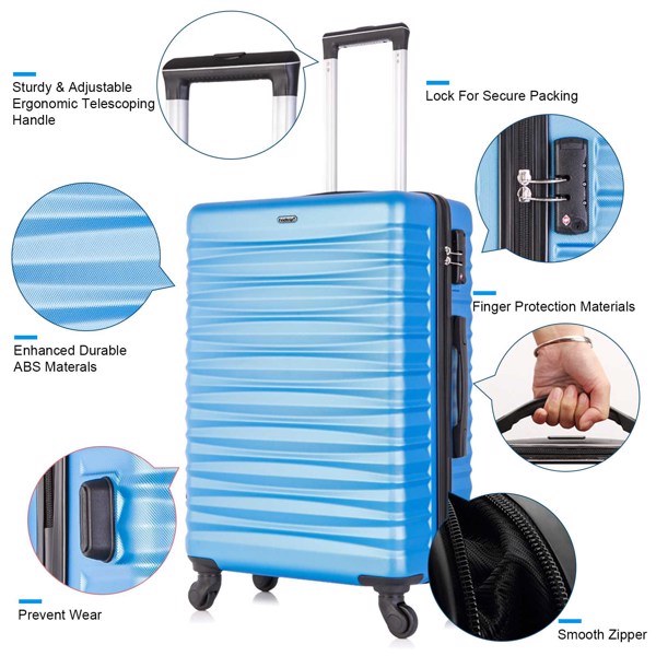 Four-piece hardshell luggage set in blue, made of lightweight ABS material with spinner wheels and TSA-approved locks.