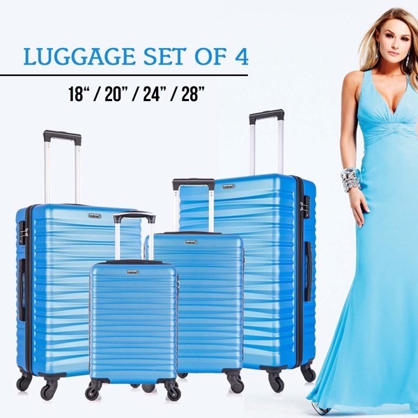 Four-piece hardshell luggage set in blue, made of lightweight ABS material with spinner wheels and TSA-approved locks.