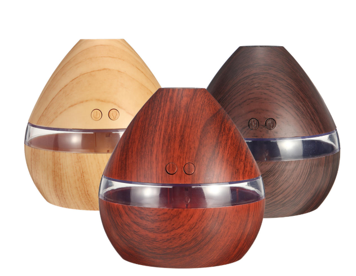 High Quality 300ML USB LED Aroma Ultrasonic Humidifier in dark wood grain finish, showcasing its sleek design and LED light feature.