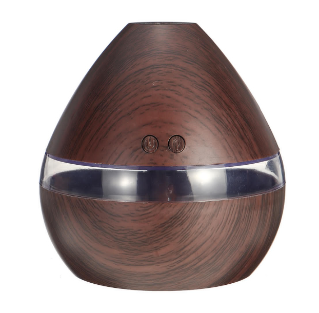 High Quality 300ML USB LED Aroma Ultrasonic Humidifier in dark wood grain finish, showcasing its sleek design and LED light feature.