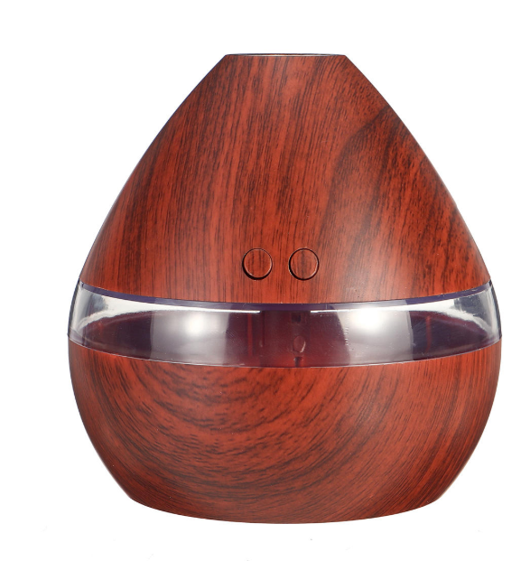 High Quality 300ML USB LED Aroma Ultrasonic Humidifier in dark wood grain finish, showcasing its sleek design and LED light feature.