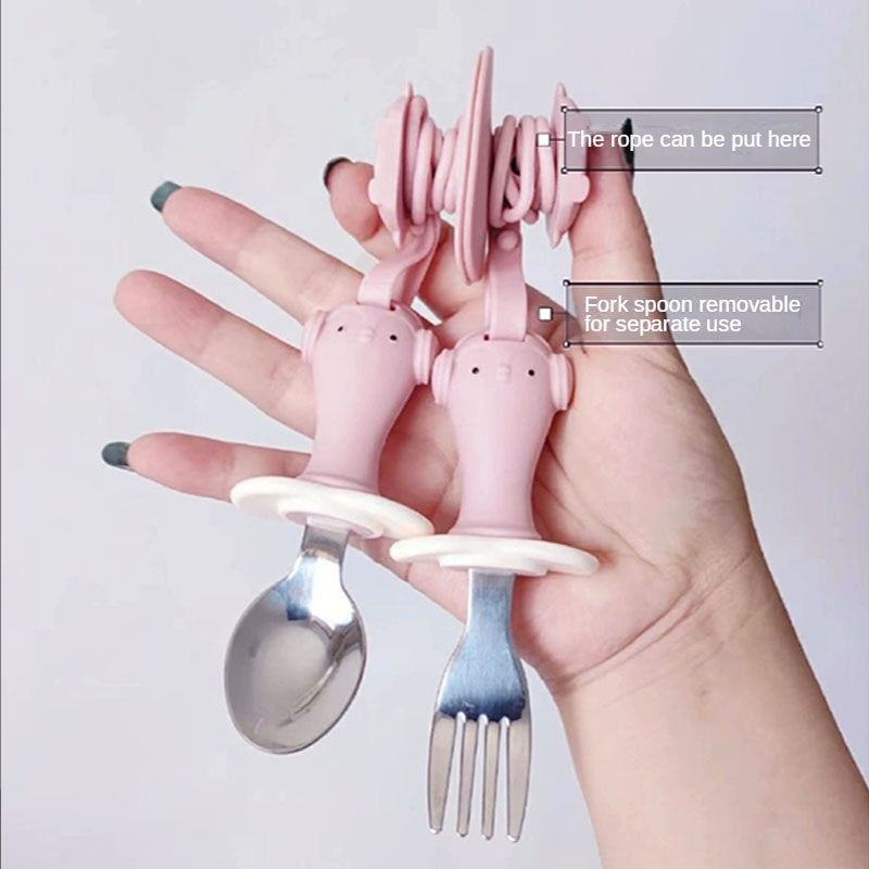 Infant Stainless Steel Training Spoon Fork with anti-drop chain and suction cup, designed for easy grip and self-feeding.