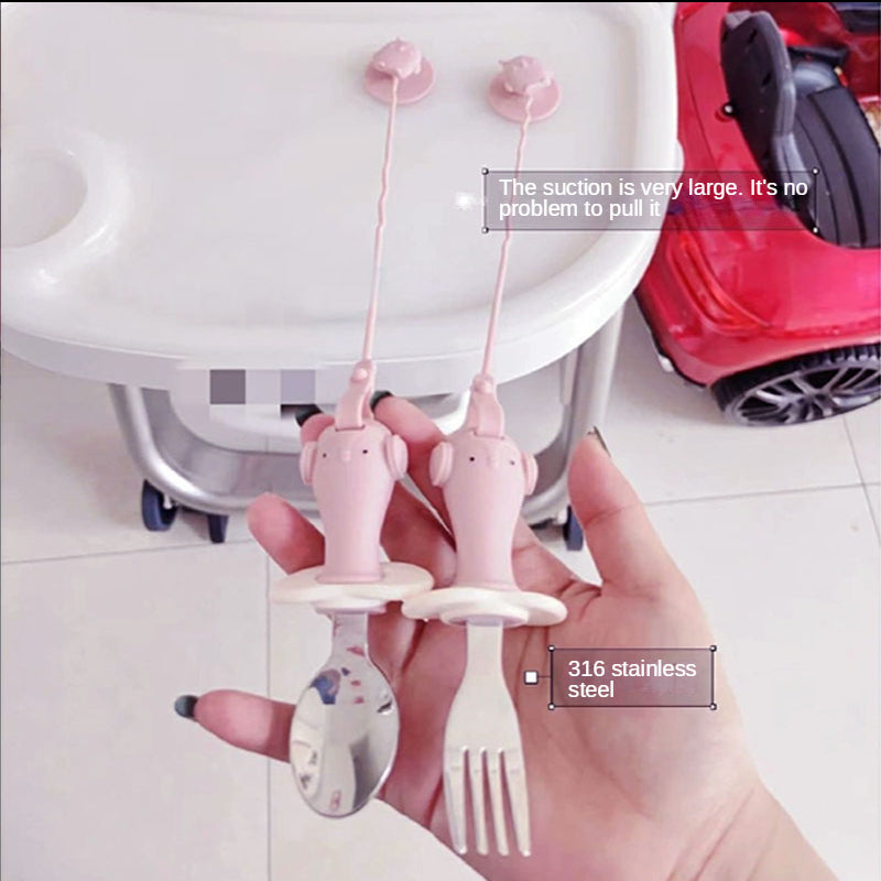 Infant Stainless Steel Training Spoon Fork with anti-drop chain and suction cup, designed for easy grip and self-feeding.