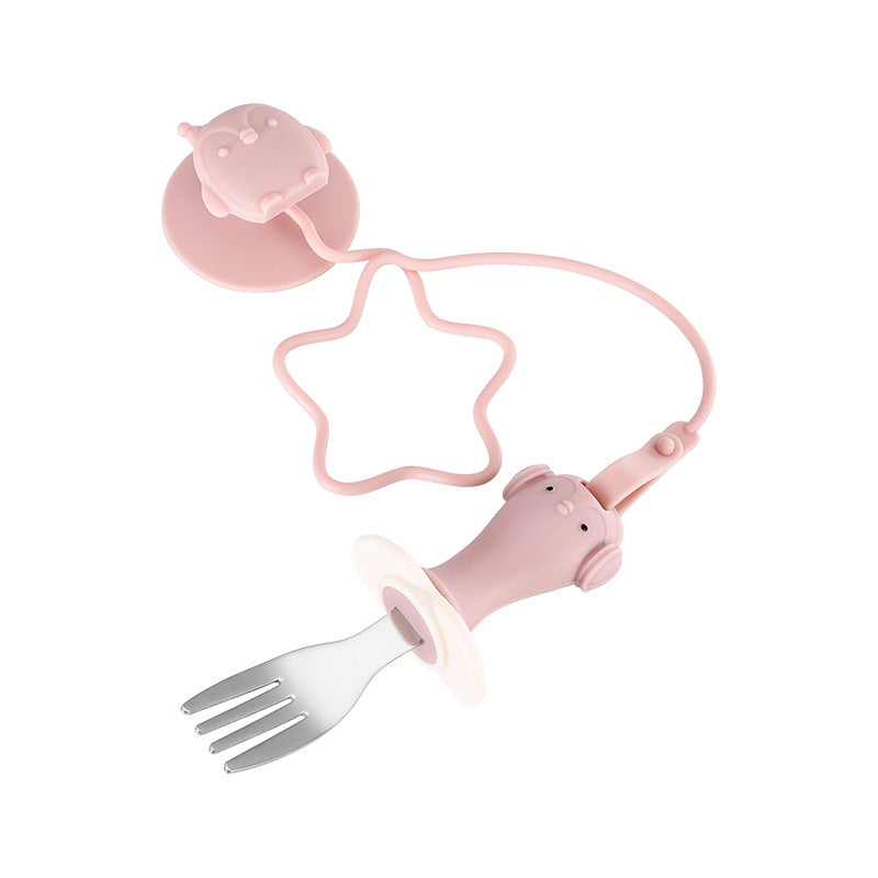 Infant Stainless Steel Training Spoon Fork with anti-drop chain and suction cup, designed for easy grip and self-feeding.