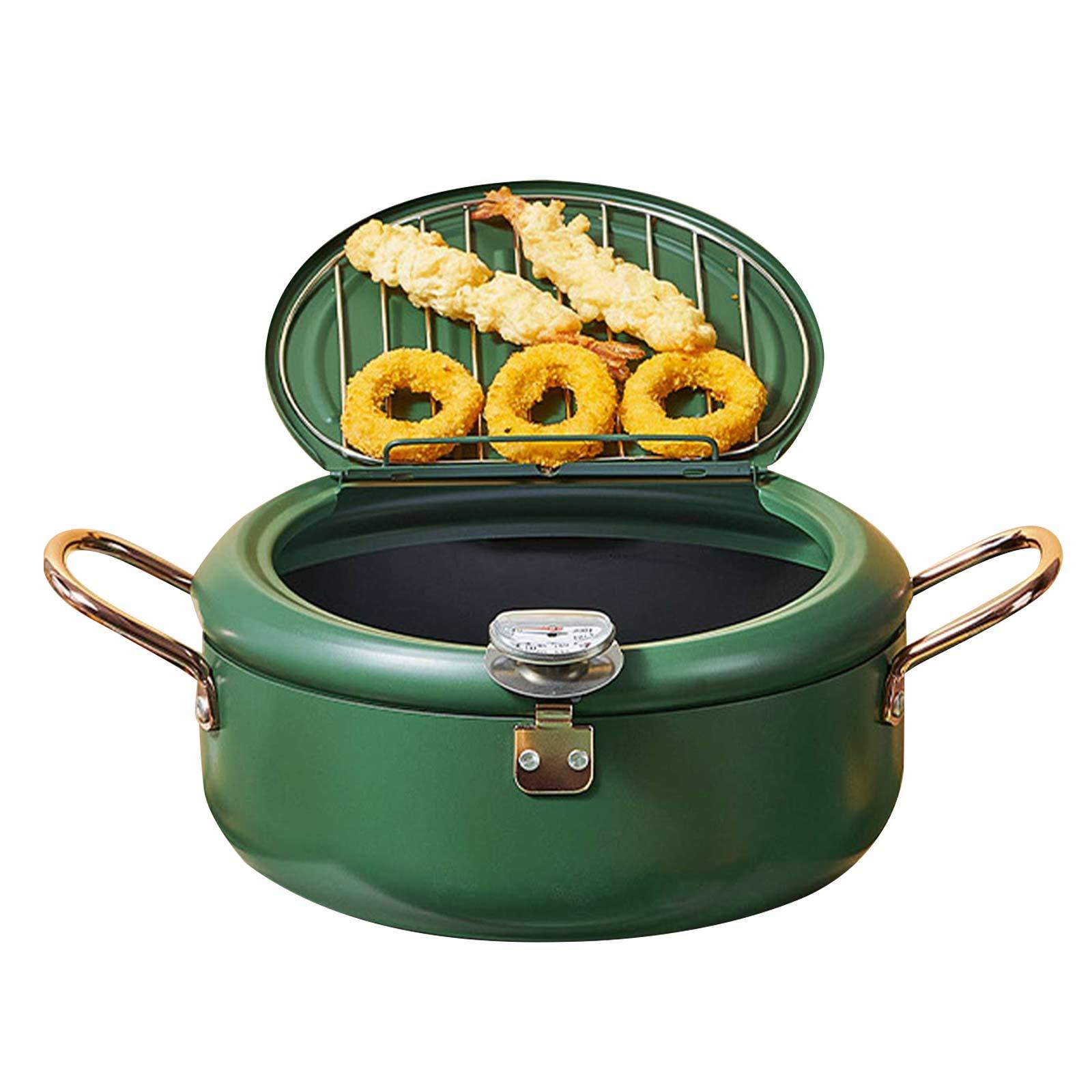 Japanese Style Deep Fryer Pot with Thermometer, featuring a green cast iron body, detachable components, and an oil filter net for healthier frying.