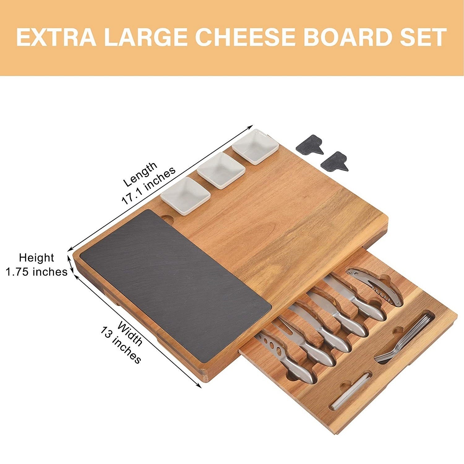 Large Charcuterie Board Set featuring acacia wood and slate, complete with ceramic bowls and stainless steel utensils, ideal for entertaining.